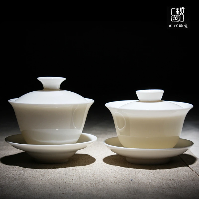 

Jade Porcelain Cover Bowl Dehua Ceramic Whiteware Tea Set High-End Condensed Fat White Three-Force Bowl Cup with Cover Gaiwan