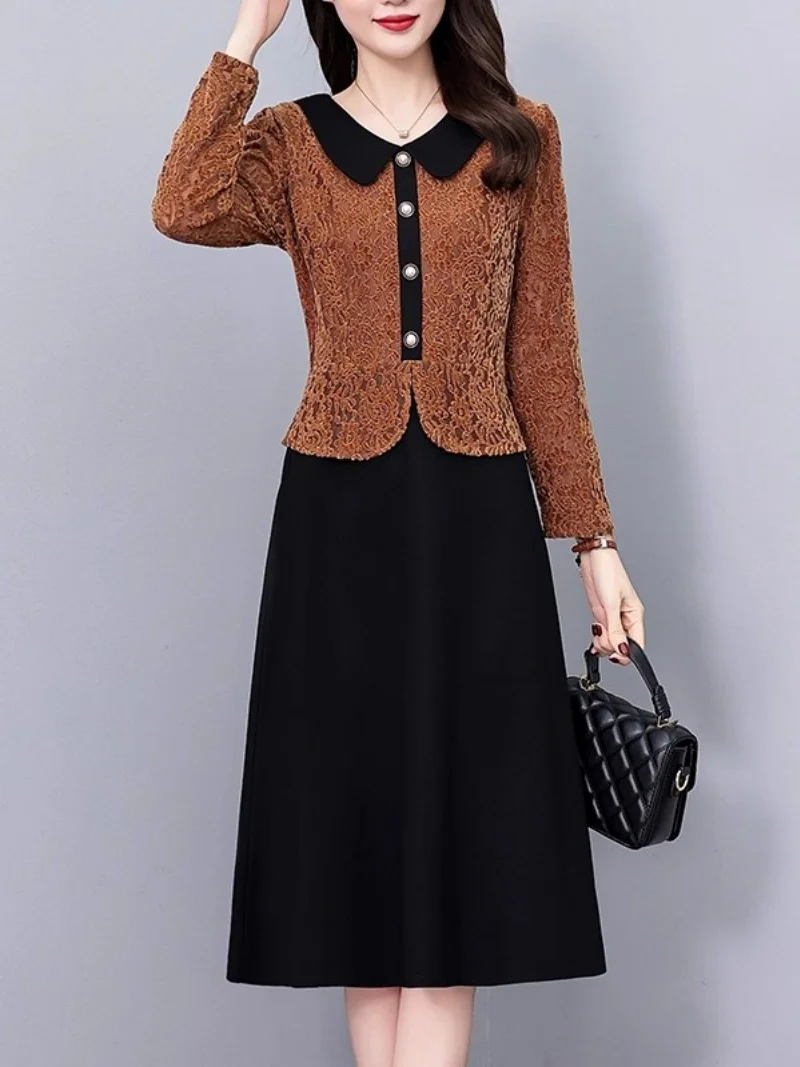 

Искусственные две кружевные платья для женщин, весна и осень-зима 2025, легкое роскошное благородное модное лоскутное офисное элегантное платье w1783