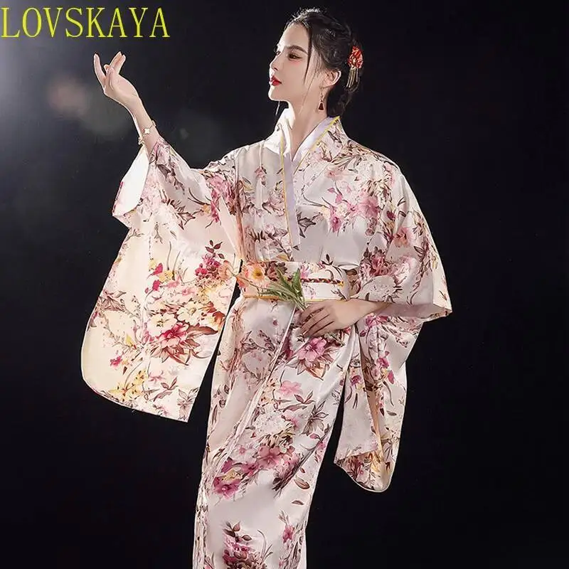 

Traditional Kimono Popular Print Flower Pajamas Women's Silk Oversized Bathrobe Dress New Japanese