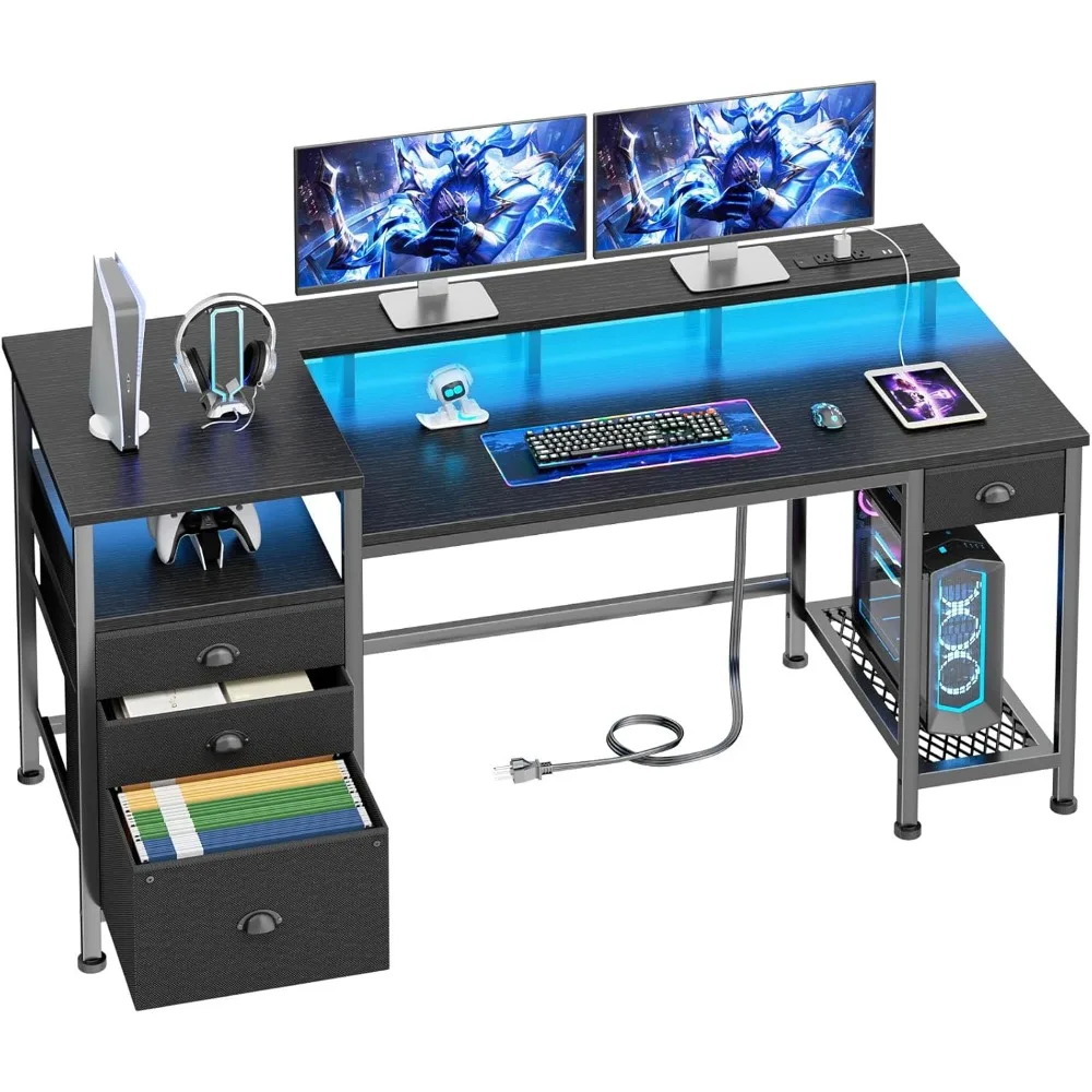 

60 Black Computer Desk with 4 Drawers and Printer Space, Gaming Desk with LED Lights and USB Power Outlets, Home Offic