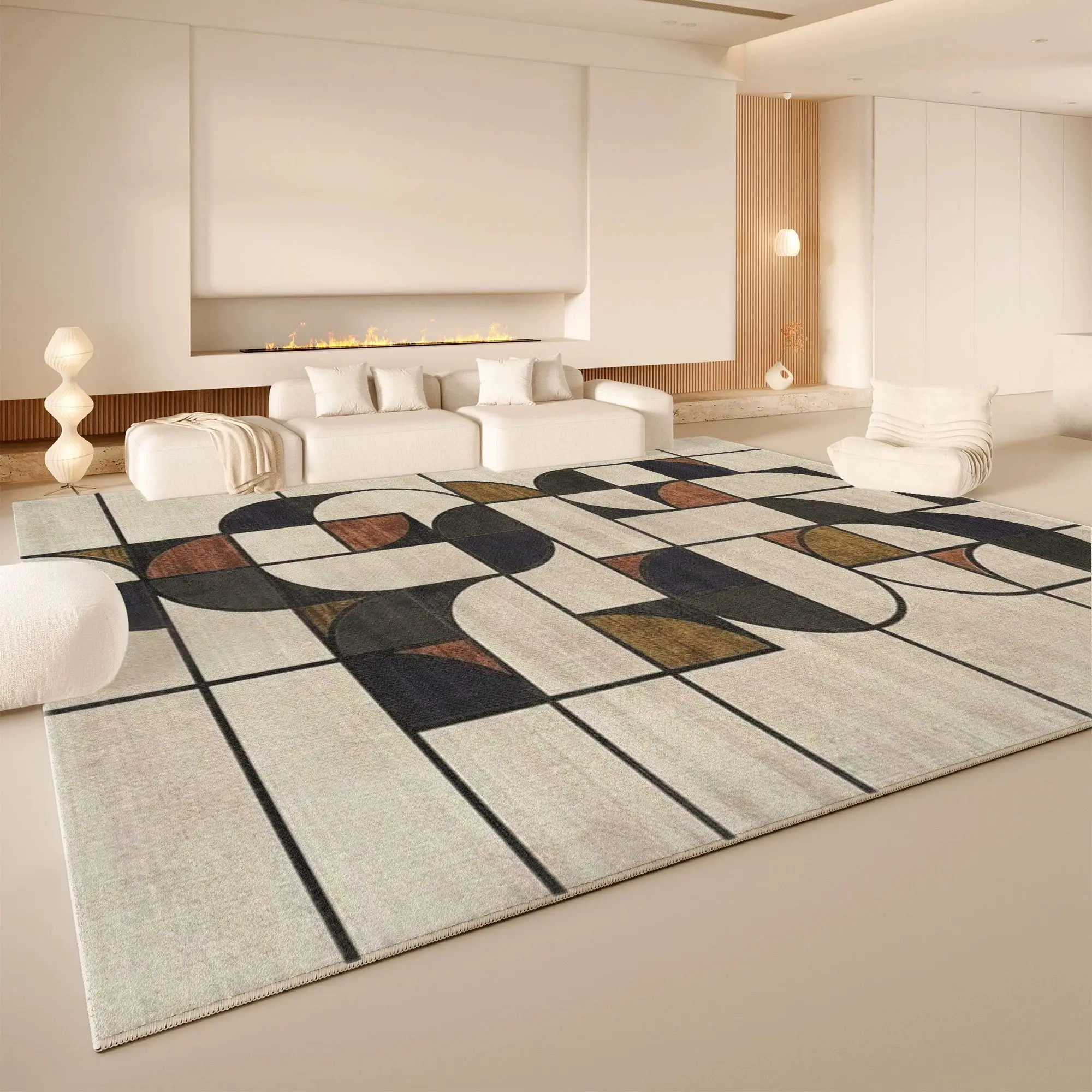VIKAMA Retro Geometric Area Rug Washable Non Slip Large Living Room Carpet Neutral Abstract Minimalist Home Floor Decor Rug Mat
