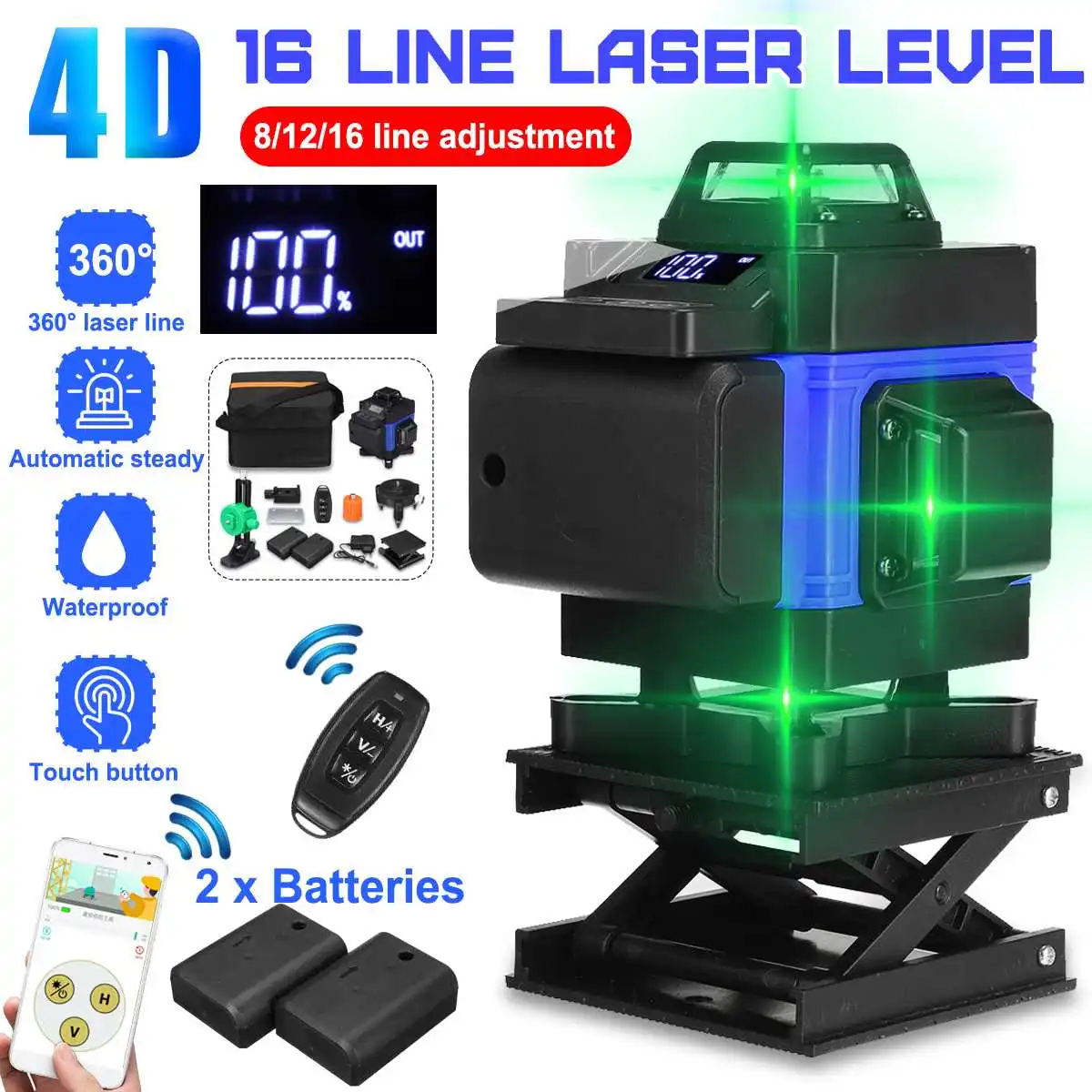 16 Lines 4D Laser Level, Green Laser Line, Self Leveling, Horizontal Lines &360 Degree Vertical Cross with 2xBattery for Outdo