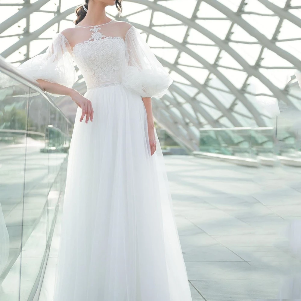 

Pure White Wedding Dresses of High-end O-Neck Appliques and Beading Tulle with Belt Bohemia for Beach Bridal Marry Gowns