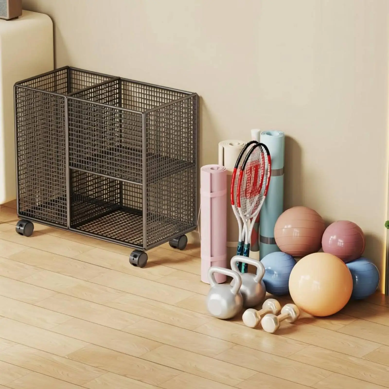 Yoga Storage Rack Mesh Cart with Wheels for Home Gym Equipment Organizer Two Tier