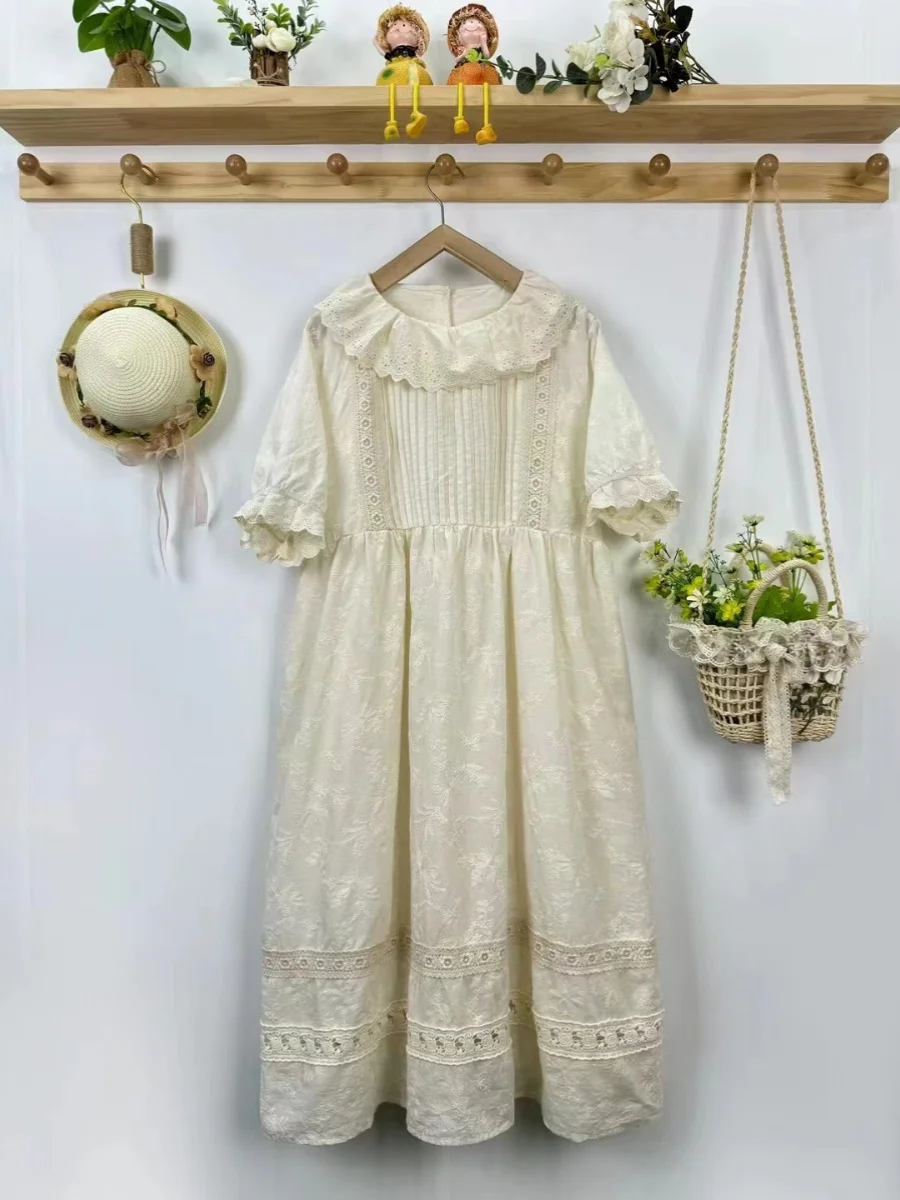 Summer Sweet Solid Color Hollow out Embroidered Dress Women Short Sleeve Casual Pleated Midi Dress