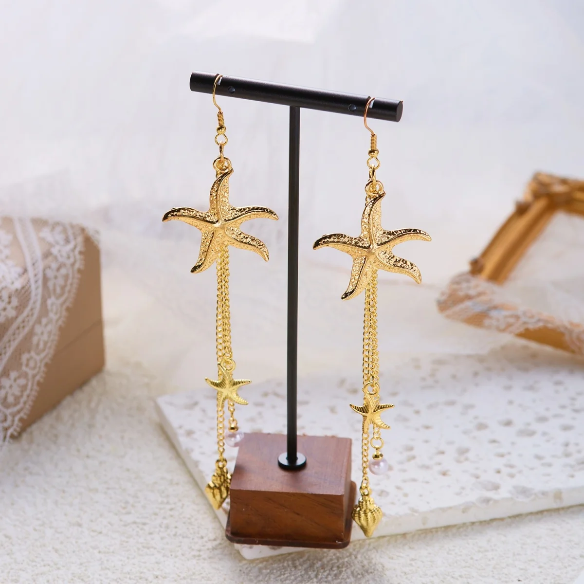 Ozean-Seestern-Ohrringe aus Acryl mit simulierten Perlenketten und Quasten für Damen, Sommer-Muschel-Seepferdchen-Schildkröten-Ohrringe, Schmuck – Detail 32