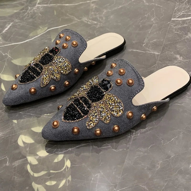 2026women's Shoes Summer Baotou Half Slippers Retro Rivets Suede Leather Casual Slippers Fashion Pointed Flat Bottom Half Slides