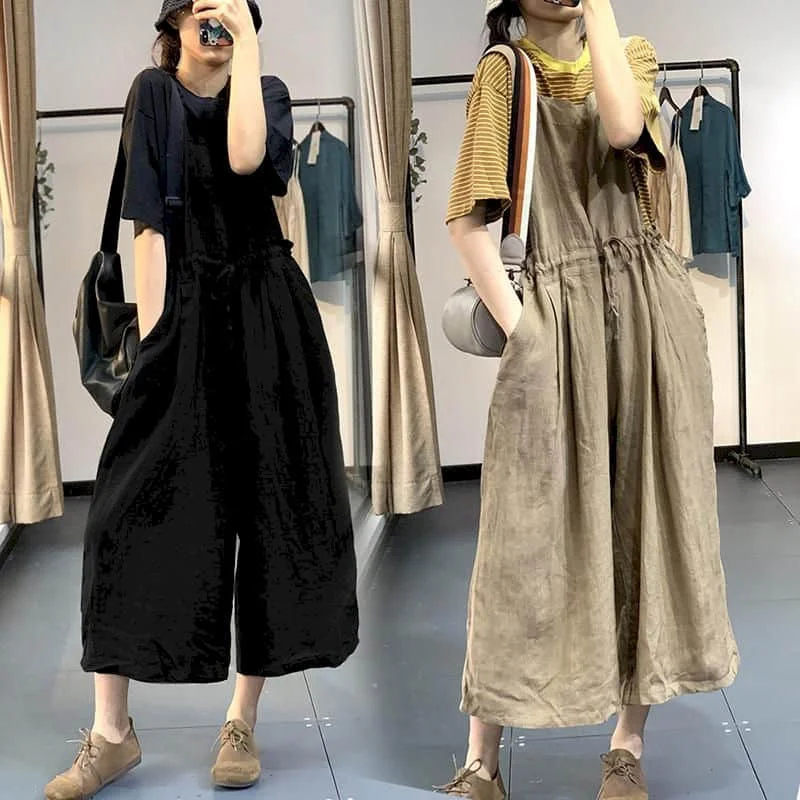 Linen Jumpsuits for Women Loose Waist Drawstring Playsuits Safari Style One Piece Outfit Women Casual Cropped Wide Leg Pants