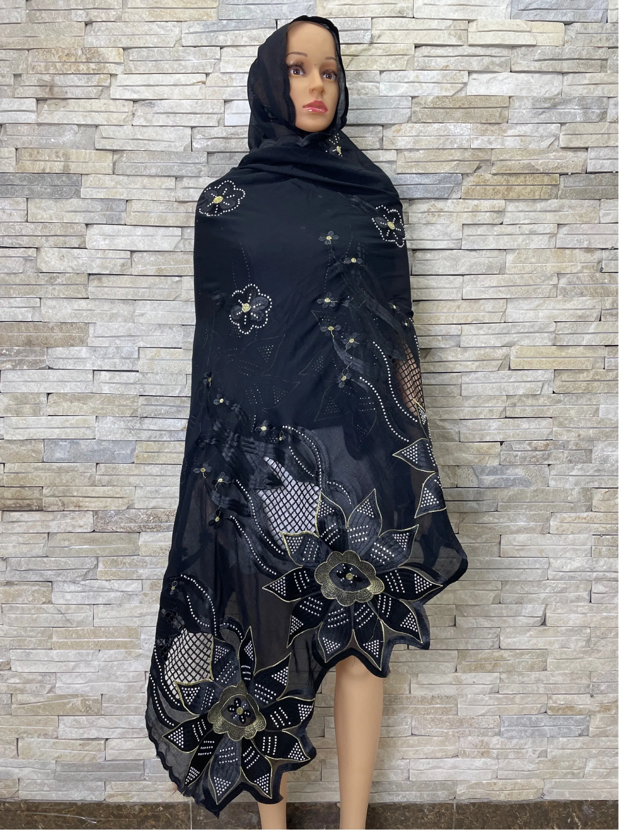 2024African Women Hijab Muslim Scarf High Quality 100% Cotton Fabric  Cotton Thread Eembroidered Scarf Dubai Excellent Style