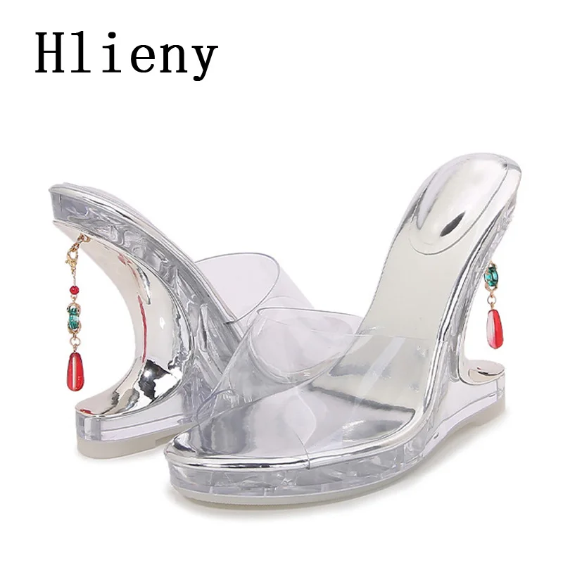 Hlieny New Design Strange Wedges Slippers Fashion Gem Pendant High Heels Open Toe PVC Transparent Women Summer Platform Sandals