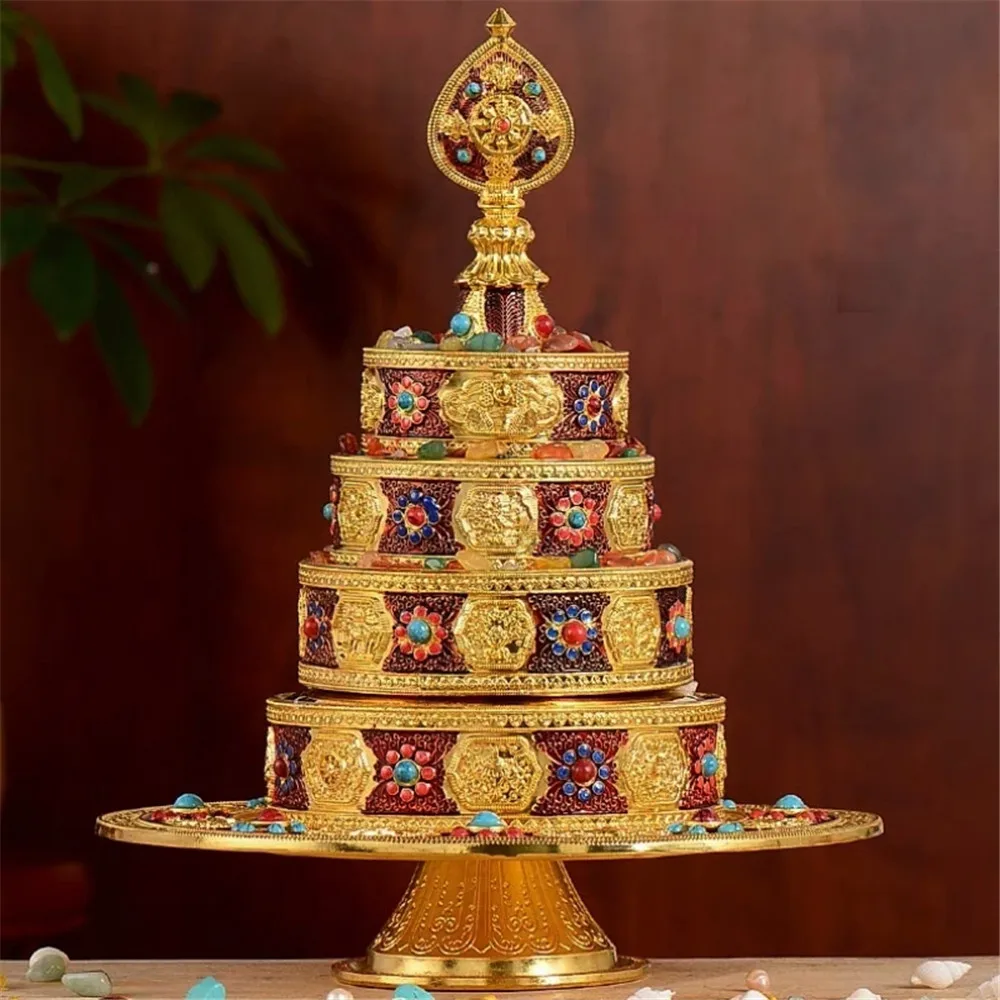 

4 Layer Tibetan Manza ,Inlaid Gem Tantric Alloy Handicraft Auspicious Tribute Fruit Dish, Buddhist Altars Desktop Decorative