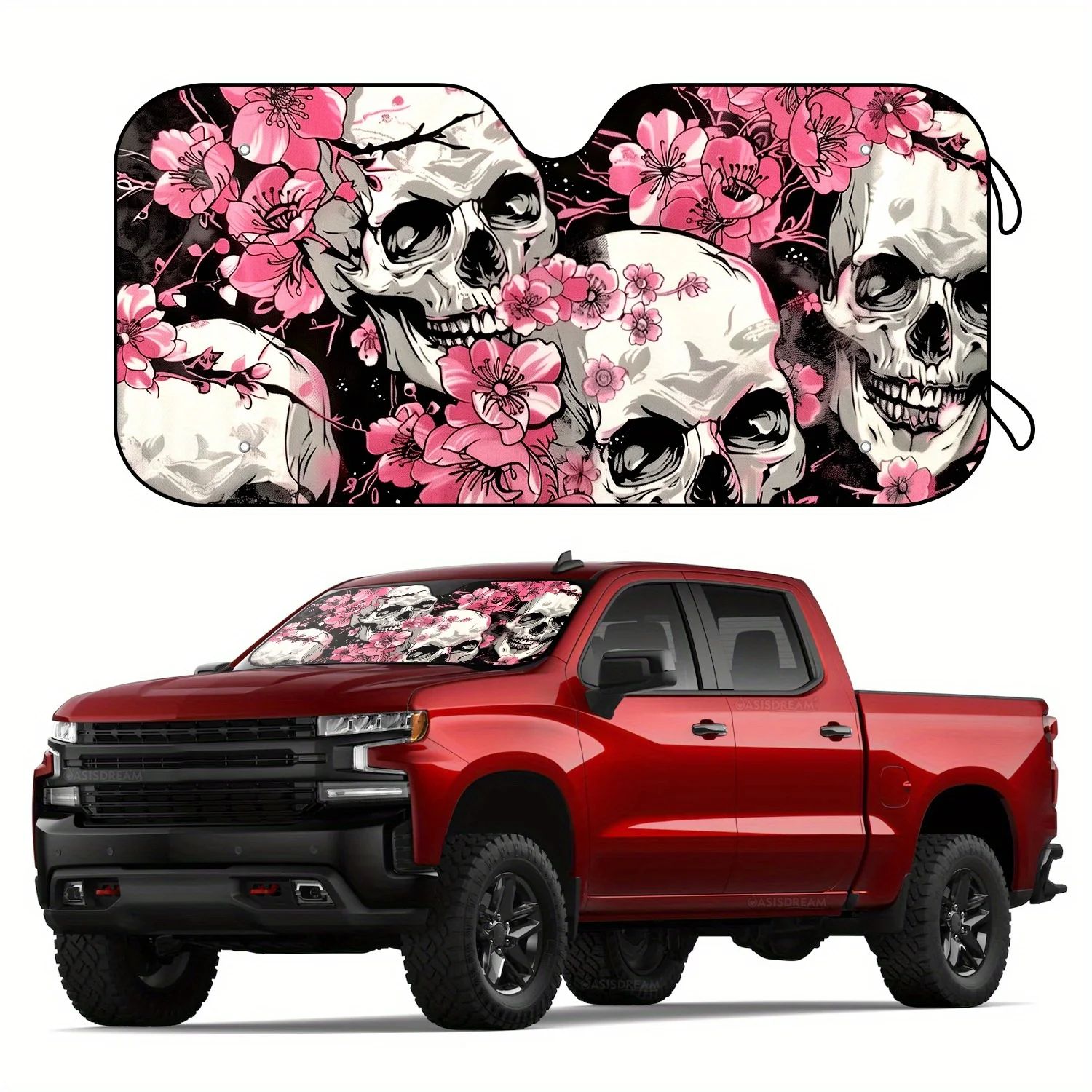 

Windshield Sun Shade with Skulls and Pink Flowers Design UV Protection Front Window Cover Durable Material Foldable Sunshade