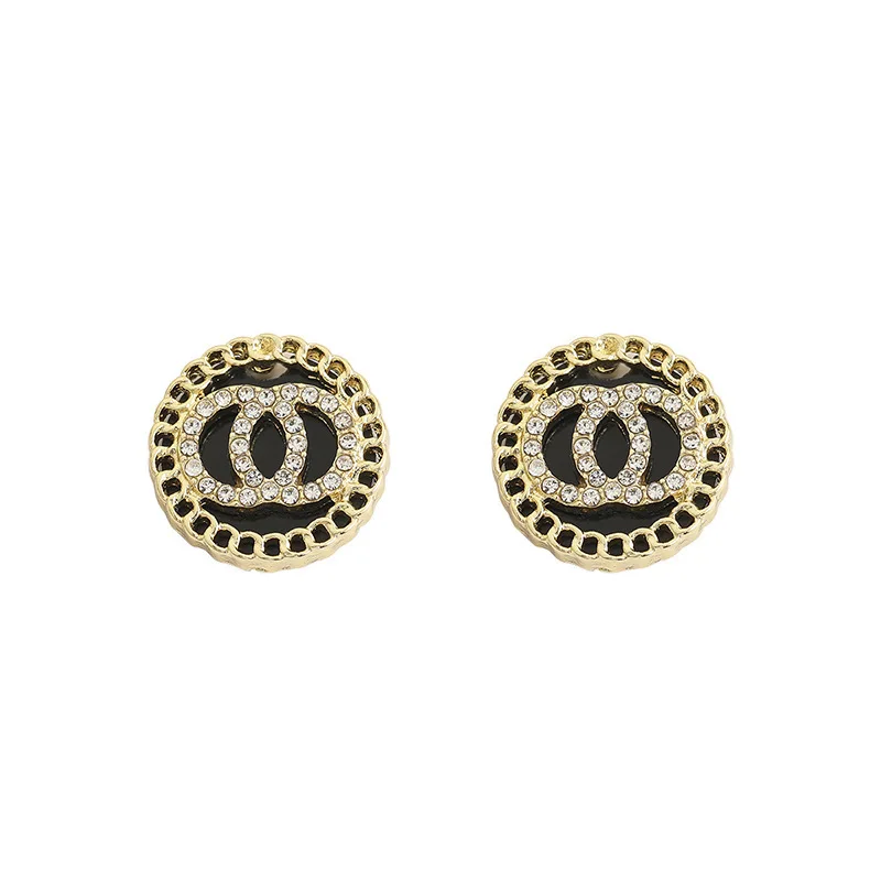 Enamel Black Crystal Double Round Circles Stud Earring for Women Korean Style Sweet Simple Jewelry Brincos Wholesale Girl Gift