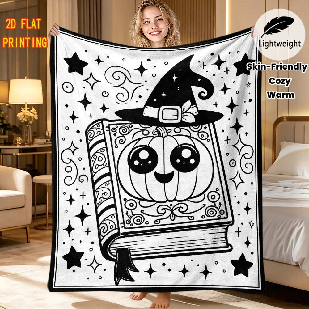 Hand Drawn Halloween Magic Book Pattern DIY blanket Cozy Flannel Blanket Creative Coloring Throw for Holiday Present