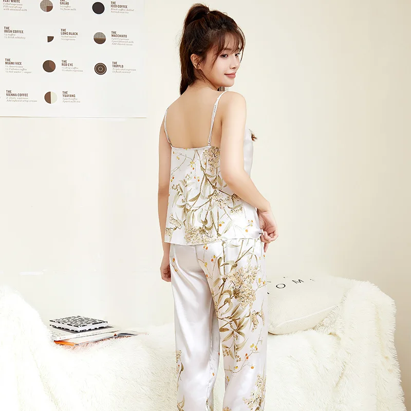 Simple Printed Pajamas Halter Top Trouser Two-piece Set Summer Thin Home Wear Imitation Silk Leisure Nightgown Women\'s Clothing