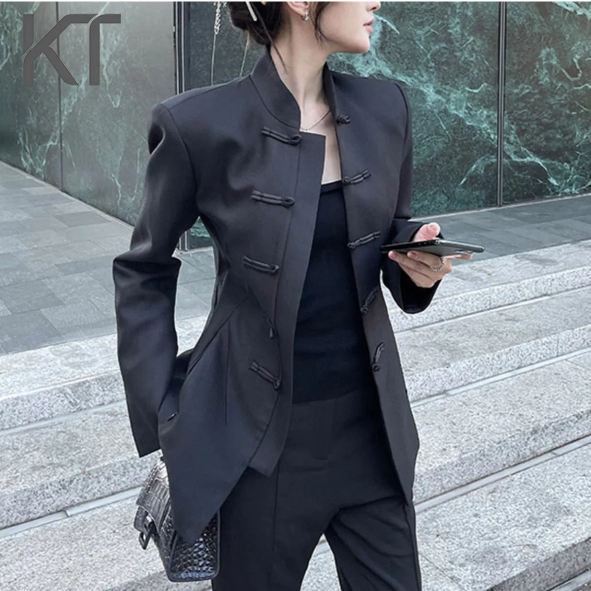 

KT 2026 New Arrival Women Black Blazer New Chinese Style Frog Button Mandarin Collar Waist Cinched Long Sleeve Outerwear