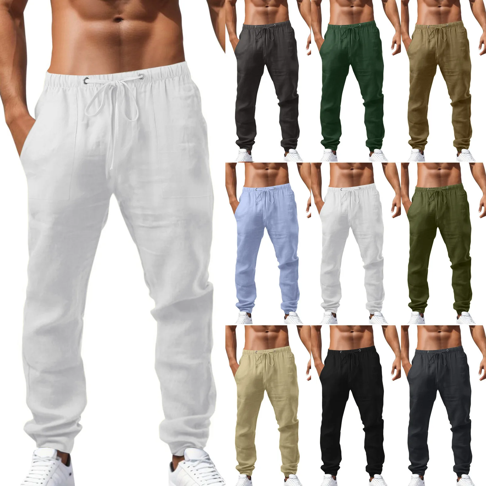 

Summer Male Straight Pants Loose Breathable Trousers Solid Color Fitness Pants Drawstring Casual Sports Trousers for Men