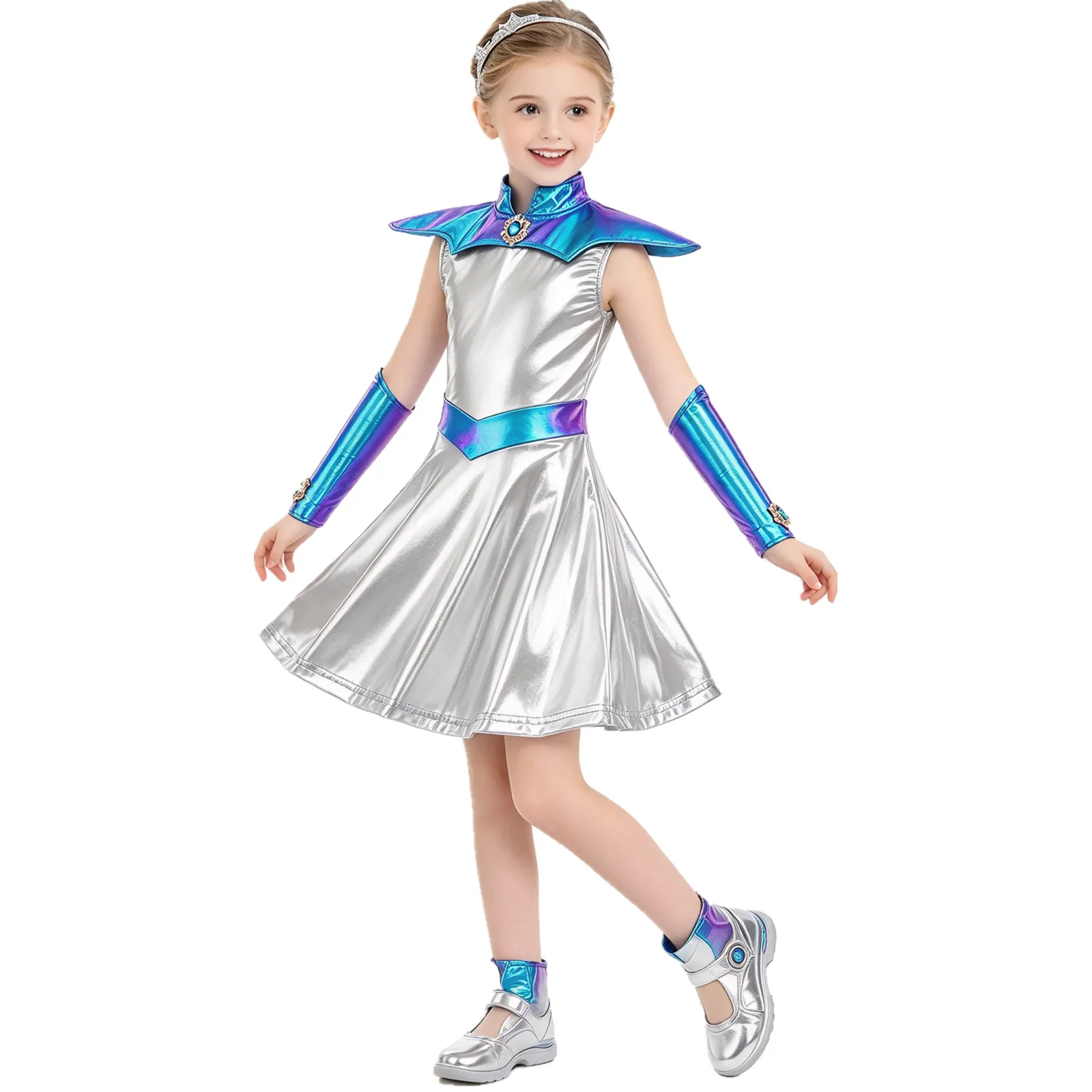 Kids Girls Alien Space Robot Galaxy Warrior Cosplay Dress Metallic Shiny Dresses with Cape Gloves Halloween Theme Party Costume