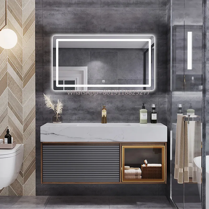 Évier avec lumières LED intelligentes, miroir de luxe, série gris doré, vanité de salle de bain en gros, ark double