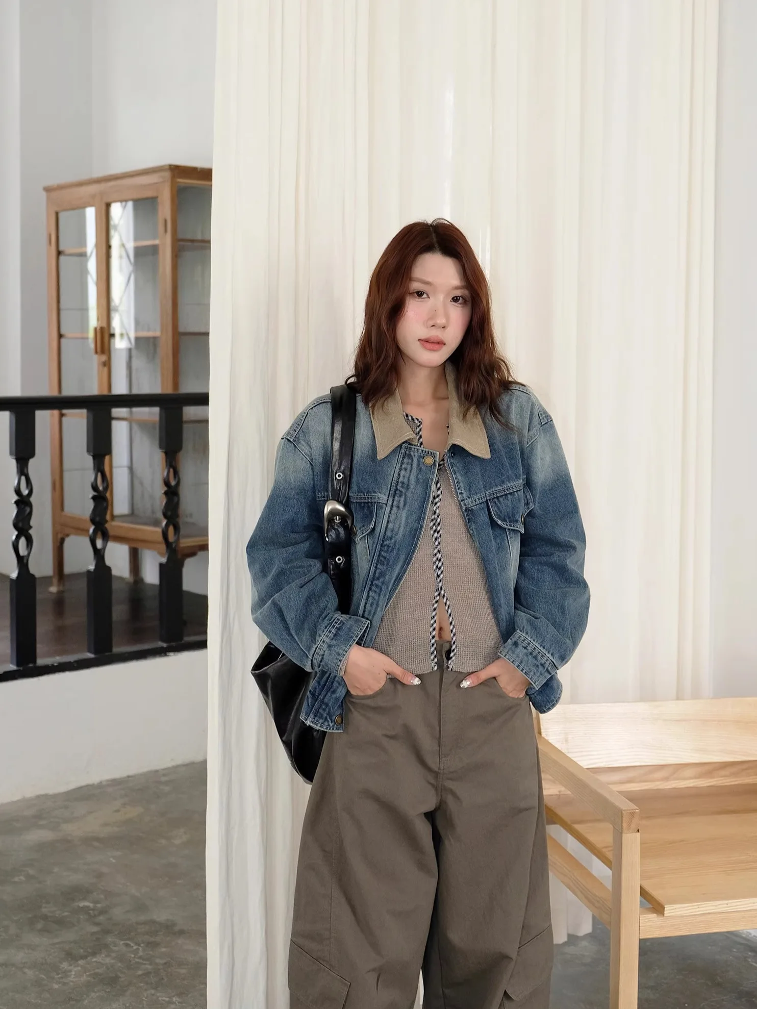 

Винтажная джинсовая куртка Wu Baizhu с контрастным воротником, синяя, женская, повседневная, уличный стиль, осенняя, с длинными рукавами, свободного кроя