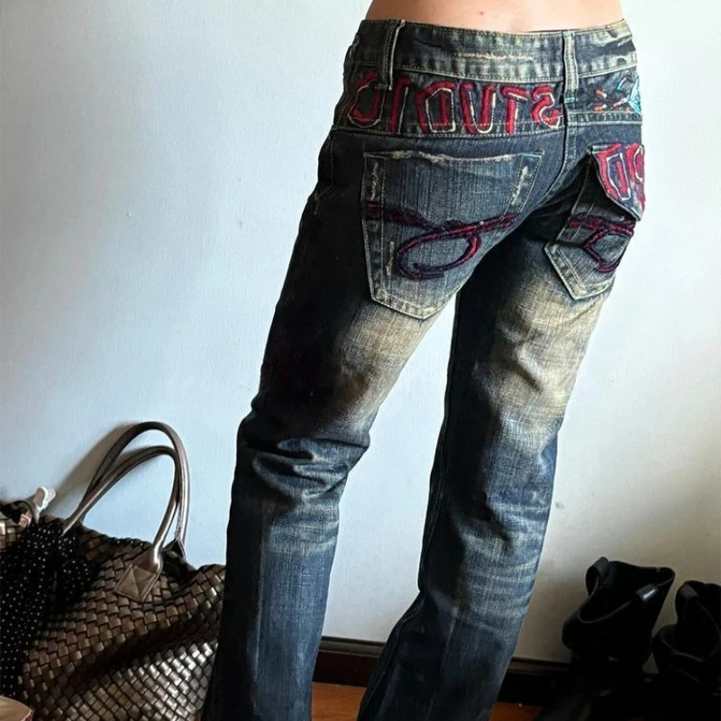 American Vintage Subculture Low-Waist Jeans Women Streetwear Y2k Retro Floor-Length Denim Pants Bodycon Embroidery Hot Girl