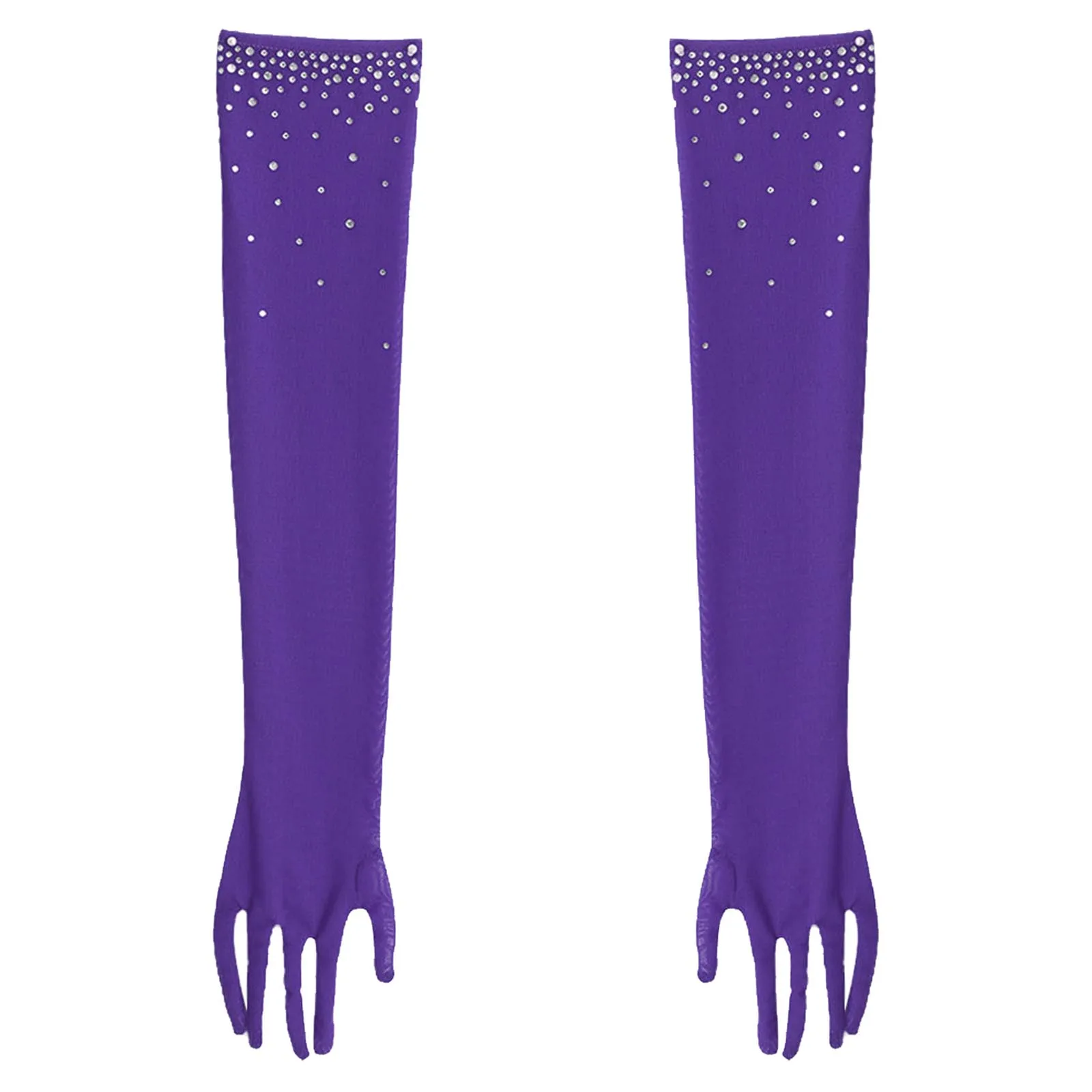 Kids Girls Latin Jazz Dance Gloves 1 Pair Glittery Rhinestones Five-Finger Full-Length Mesh Gloves for Tango Samba Accessories