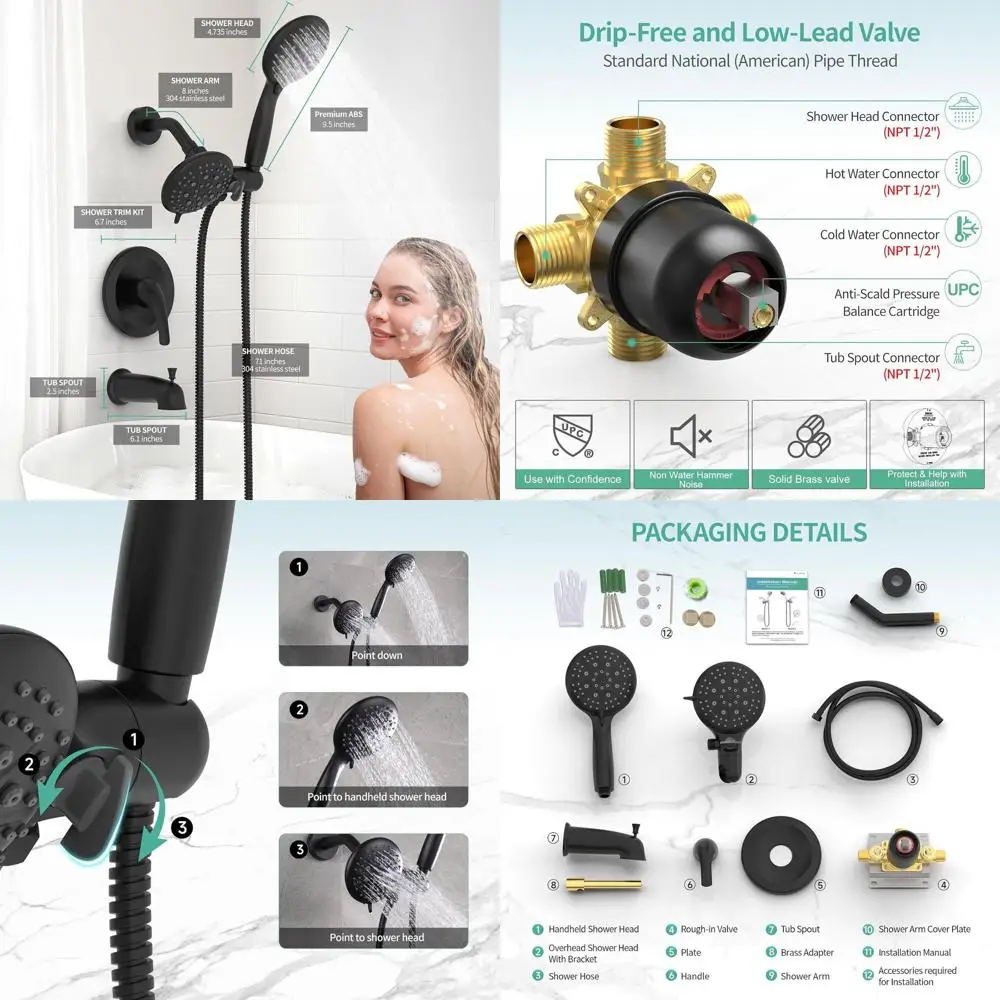 Matte Black Dual Function Shower System with 35-Setting Tub Spout, Single Handle Mixer and 3-Way Diverter