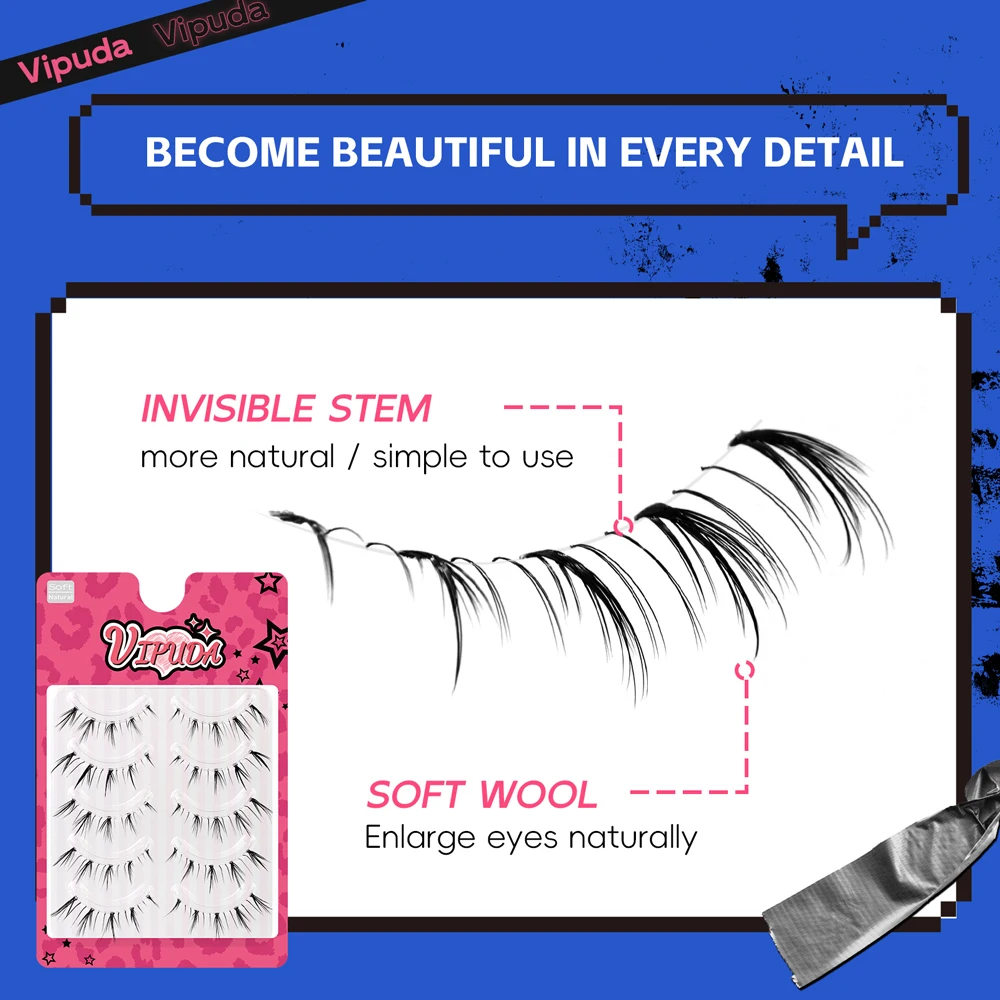 Vipuda-Clear Band Bottom Lashes, Natural Wispy, Handmade Under Eye Lashes Extensões, Soft Fake Lashes Pack, 5 Pares