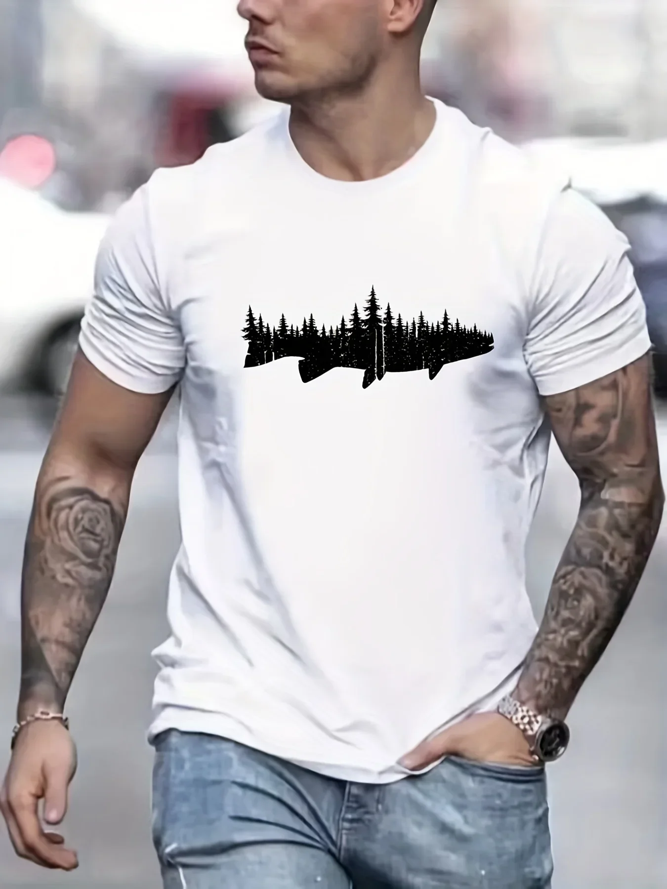 Men's Fish Forest Silhouette Print T-Shirt Outdoor Nature Graphic Top Casual Crew Neck Short Sleeve Summer Fishing Lover T-shirt