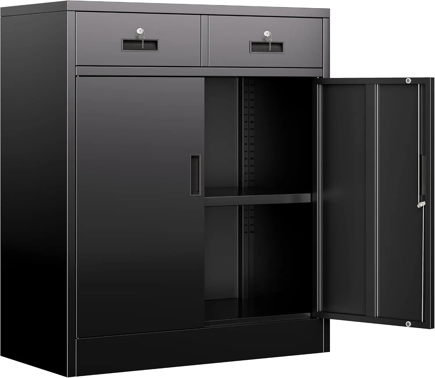 36 Inch Short Metal Garage Storage Cabinet with 2 Lockable Drawers, 2 Locking Doors and Adjustable Shelf, Secure Tool Organizer for Home Office, Garage, School and Utility Room, Black