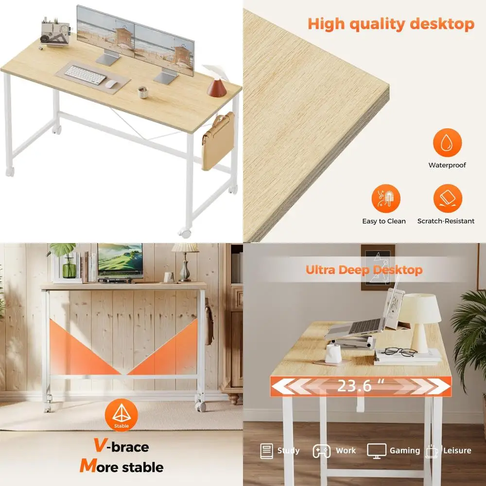 Gaming Computer Desk 48 x 24 with Wheels for Small Spaces, Modern Style Home Office Study Table