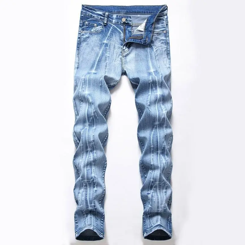 

Light Colored Elastic Straight Leg Jeans for Men mid Waist Casual Comfortable Fit Durable Straight Tube Jeans European Sle