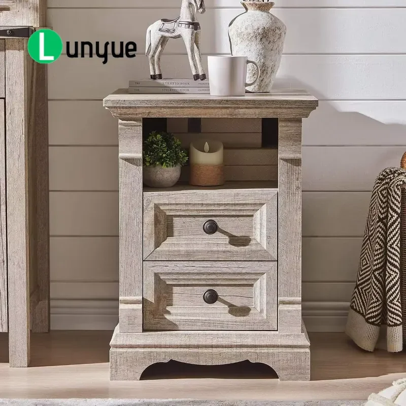 Modern Wooden Bedside Table with 2 Drawers and Built-in Charging Station for Bedroom Nightstand Storage Furniture