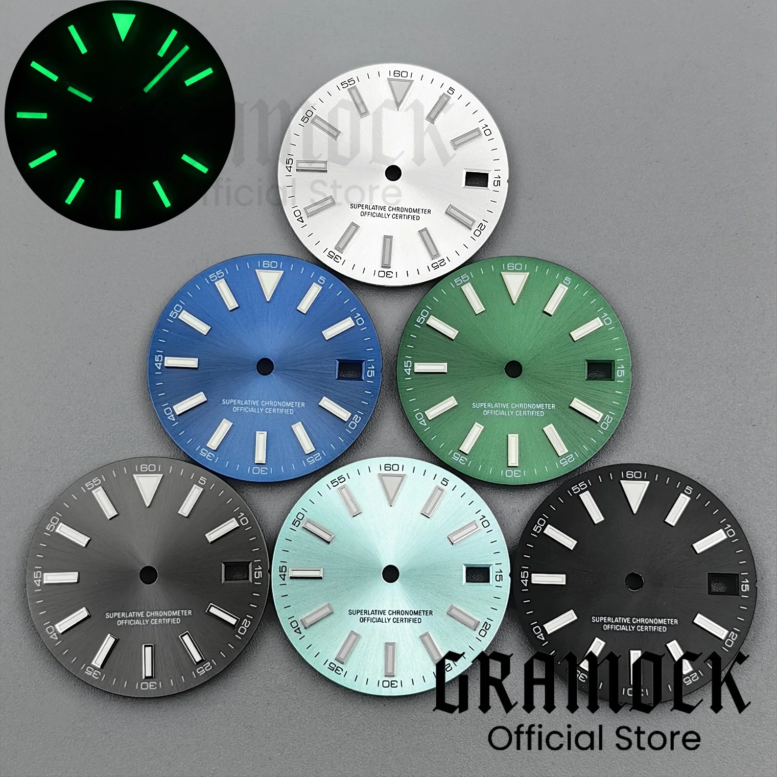 

Светящийся циферблат Gramock 29 мм, зеленый, синий, черный, Sunberst, циферблат часов, подходит для NH34 NH35 NH36, автоматический Movt Mod, детали часов, дата на 3 часа
