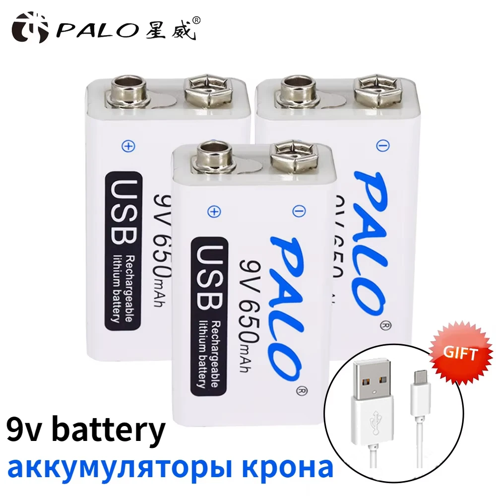 PALO 9V USB Lithium Battery 650mAh 6F22 Li-Ion Rechargeable Batteria 9 Volts for Toys Massagers Multimeters Guitar