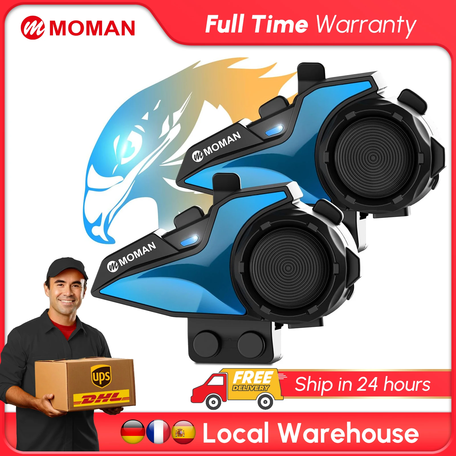 Moman H2E-auriculares para motocicleta, intercomunicador tipo águila, sistema de comunicación para casco de motocicleta con Chip Dual con alta fidelidad/compensación de música