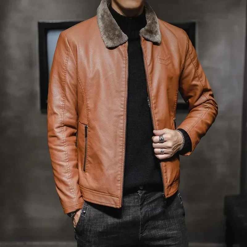 

Autumn and Winter Lapel Collar Middle-aged and Elderly Men's Clothing with Thick Velvet and Trend New Men's Coat Leather Jacket