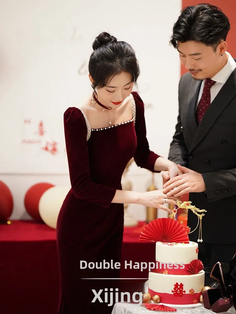 

Ele Velvet Mermaid Evening Gown Wedding Dr for Bride Spring New Sle High-End Sensation Red Skirt for Wedding Ceremony