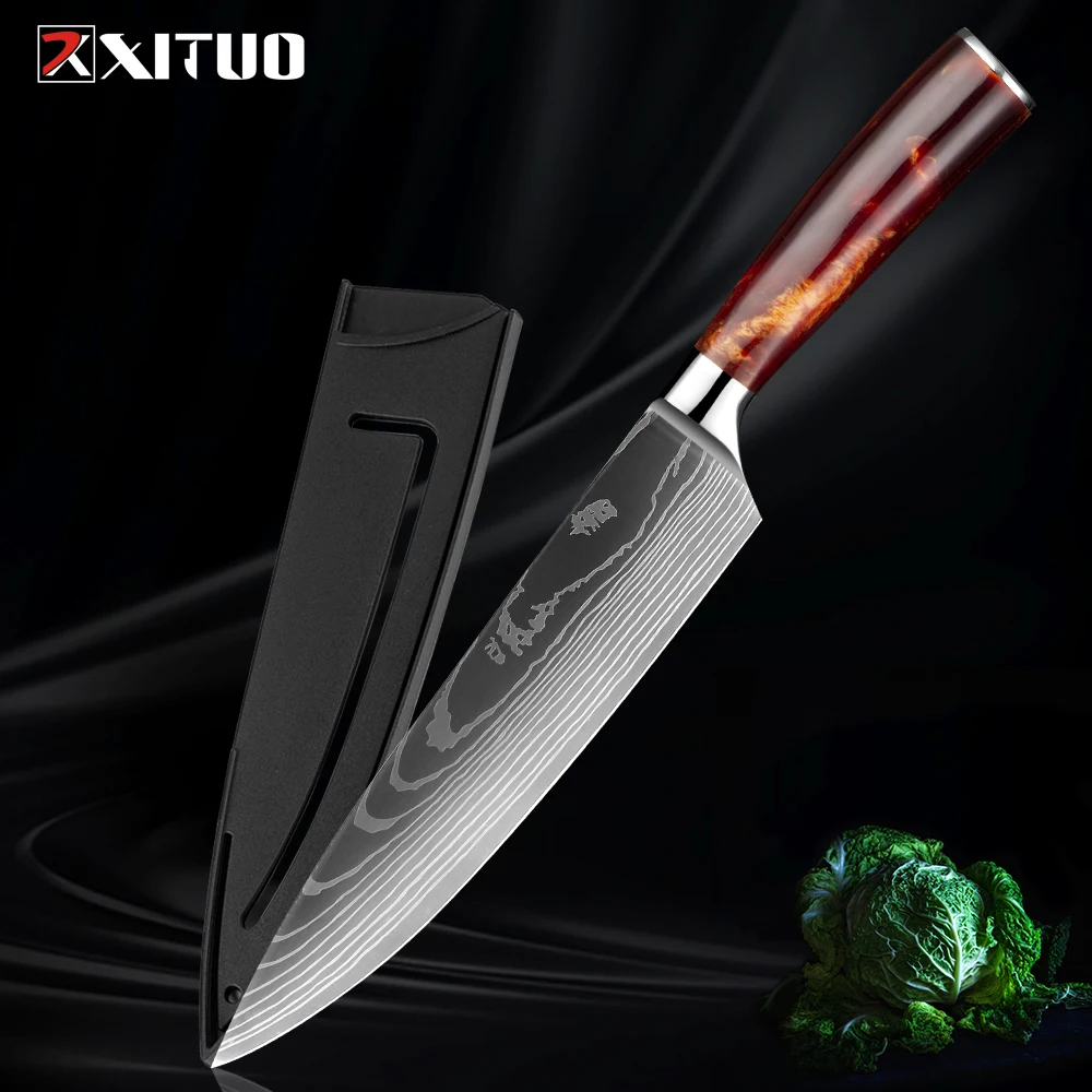 

XITUO 8 Inch Chef knife Kitchen Cooking Knife German stainless steel Sharp knife edge Ergonomics Red resin handle With sheath