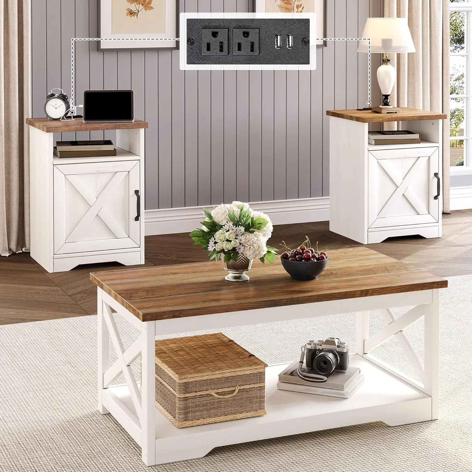 

3-Piece Farmhouse Living Room Table Sets, Includes 1 x Coffee Table, 2 x End Tables with Charging Station, Customized