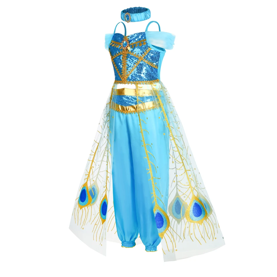 Jasmine Dress Princess Cosplay Costume Birthday Carnival Party Clothes Girl Children Role Playing Halloween Festival Clothes Set