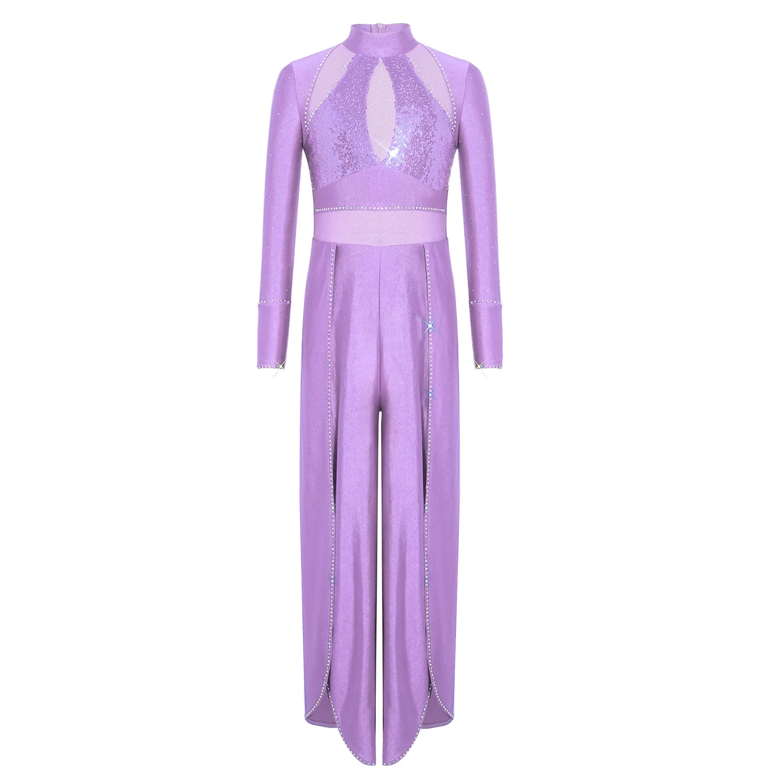 Kids Girls Long Sleeve Split Wide Leg Bodysuit Teens Mesh Patchwork Jumpsuit Lyrical Dance Costume Sequins Mock Neck Dancewear