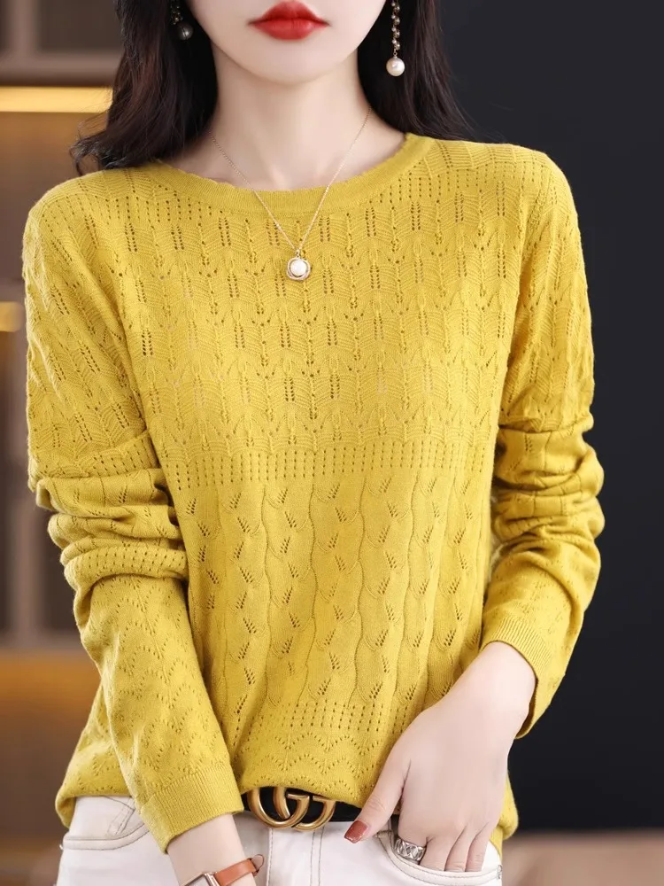 

Женский тонкий вязаный свитер с круглым вырезом и длинными рукавами, с вырезами, из высококачественной пряжи, модный, универсальный топ