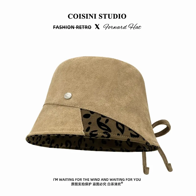 American Retro Stitching Leopard Suede Bucket Hats for Women Autumn Street Fashion Versatile Show Face Small Elegant Basin Cap