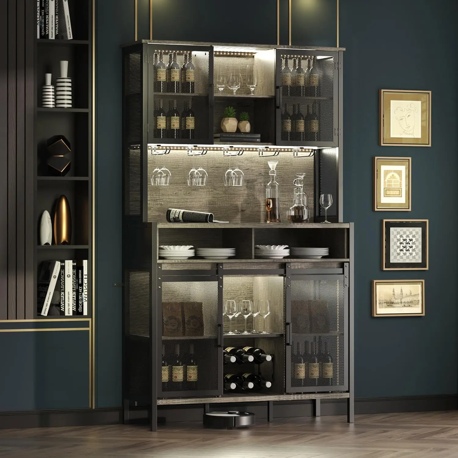 Coffee & Wine Bar Cabinet with Sliding Barn Door, Farmhouse Buffet Cabinet with Wine Rack & Glass Holder, Led Storage Cabinet