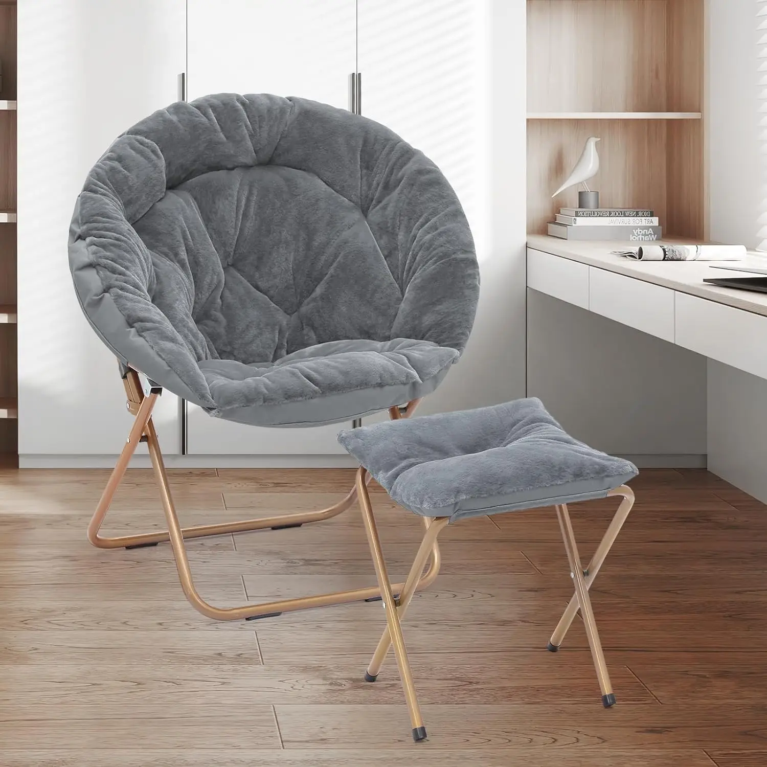 Round Foldable Oversized Moon Saucer Chair for Adults with Ottoman Foot Rest Large Cozy Chair for Bedroom, Gray