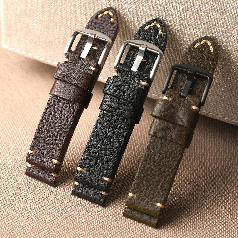 High-end Genuine Leather Strap, Italian MBOX Head Cowhide, 20MM 22MM 24MM Vintage Brown Green Black Soft Bracelet Men Watchband