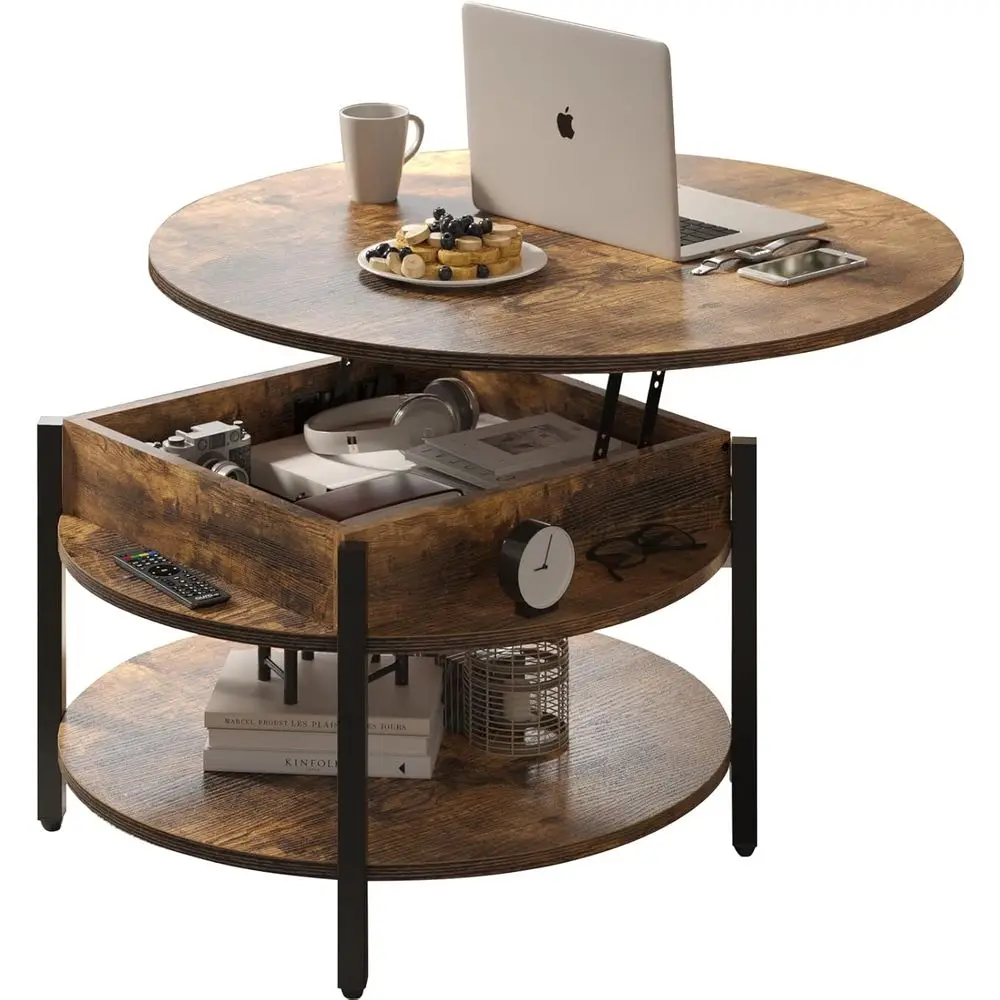 

Storage and Hidden Compartment Round Coffee Table, 26.77 for Living or Dining Room, 2-Tier Small Circle Table, Rustic Brown
