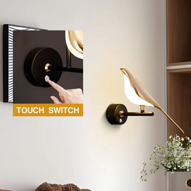 Magpie Bird Touch Switch ON/OFF LED Wall Lights for Corridor Aisle 360° Rotatable LED Wall Lamps for Bedroom Bedside AC85-265V