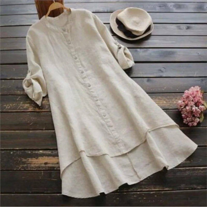 Fashion Solid Color Button Cotton And Linen Irregular Dress Women Spring Summer Casual Long Sleeve Loose Vintage Midi Dresses